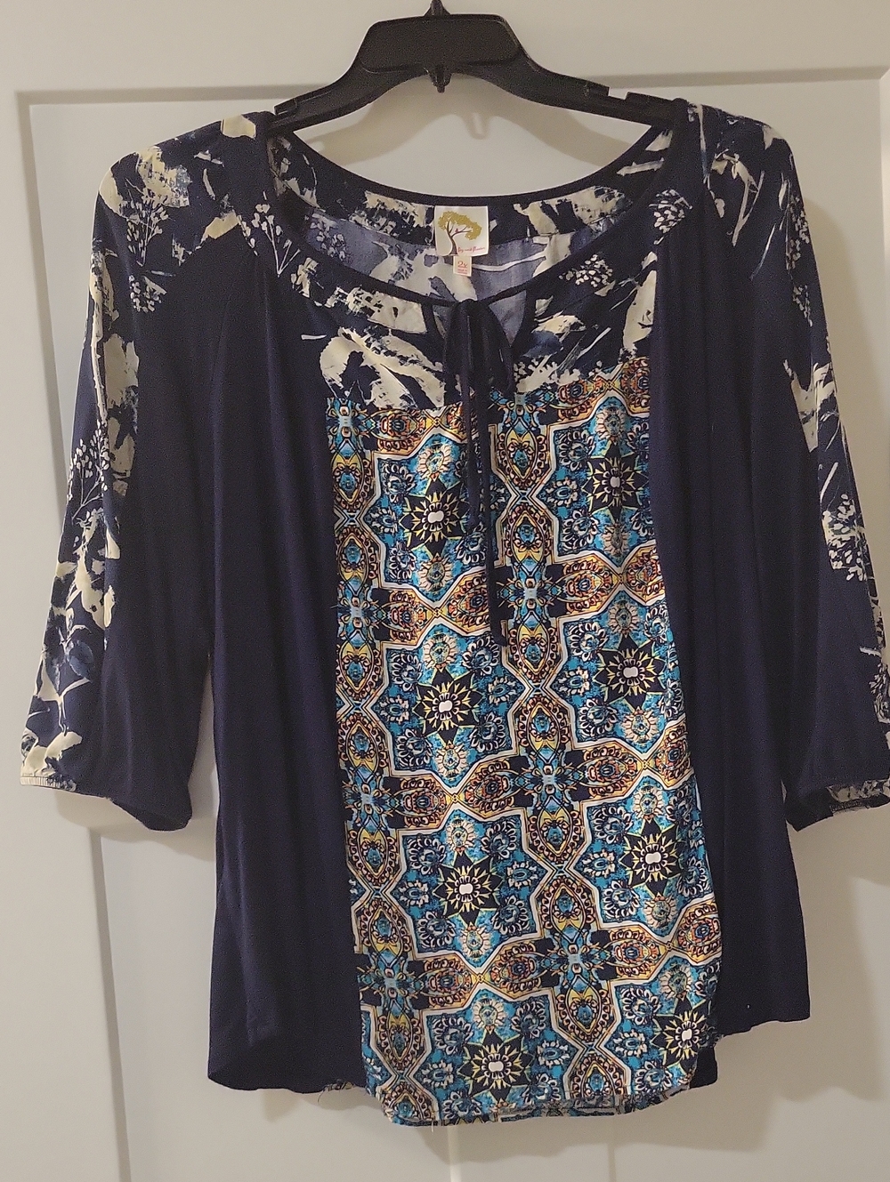 fig and flower Navy Mixed-Print Tie-Neck Top with Teal Accents